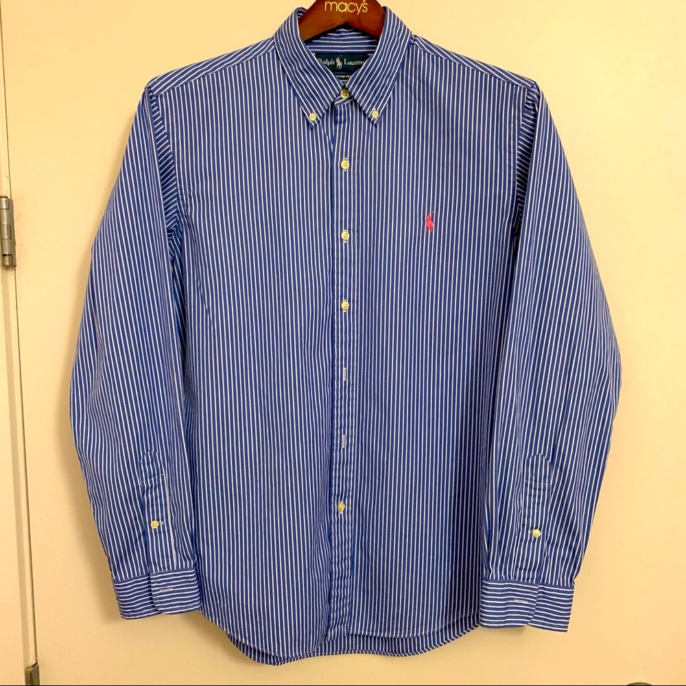 Men's Polo Ralph Lauren Button Down Shirt Sz L Blue White Striped Excellent